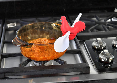 HOME-X Red Rooster Spoon Holder - Fun Kitchen Accessories, Pot/Pan Clip for Hostess Gifts