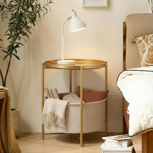 danpinera Round Side Table with Fabric Storage Basket, Metal Side Small Bedside Table Nightstand with Removable Tray
