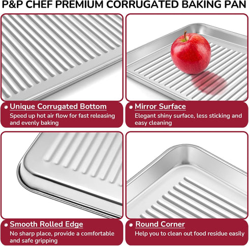 P&P CHEF Mini Toaster Oven Pan Set of 2, 9 x 7 x 1 Inch Stainless Steel Small Baking Cookie Pan for Cooking & Roasting