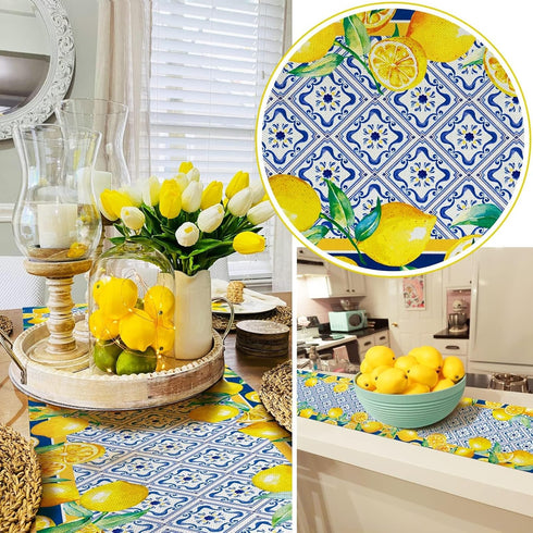 13x90 Inch Capri Blue Lemon Table Runner Italy Tile Burlap Artificial Yellow Lemon Fruit Table Runners Farmhouse Coffee