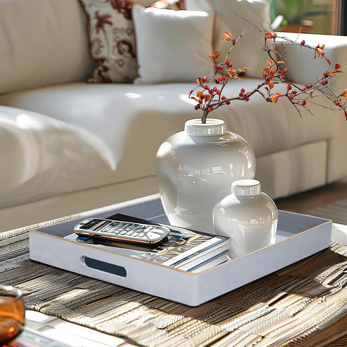 13" 13" 1.57" MAONAME Decorative Tray, Gray Serving Tray with Handles, Coffee Table Trays, Square Plastic Trays