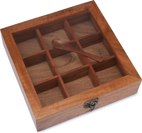 8x8 Inch 9 Ajuny Wooden Spice Box - Decorative Masala Dabba Organizer with Glass Lid, Fixed Compartments & Spoon, Spice