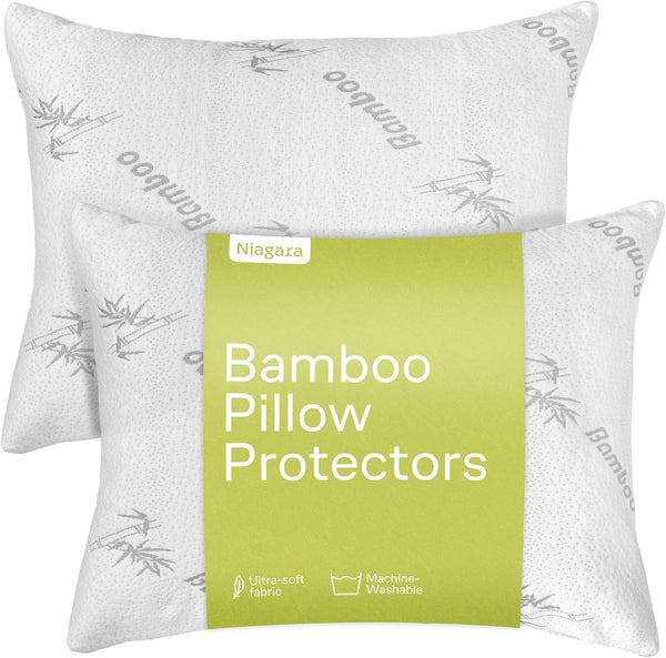 Pillow Protectors with Zipper - King Size 20x36 Pair, Cooling, Noiseless Pad, Ultra Plush Absorbent (Bamboo, White)