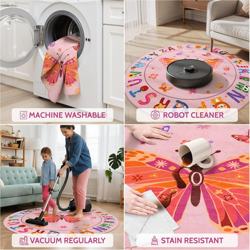 4ft ABC Kids Alphabet Round Rug Washable Soft Circle Nursery Rug, Non-Slip Educational Carpet with Pink Butterfly