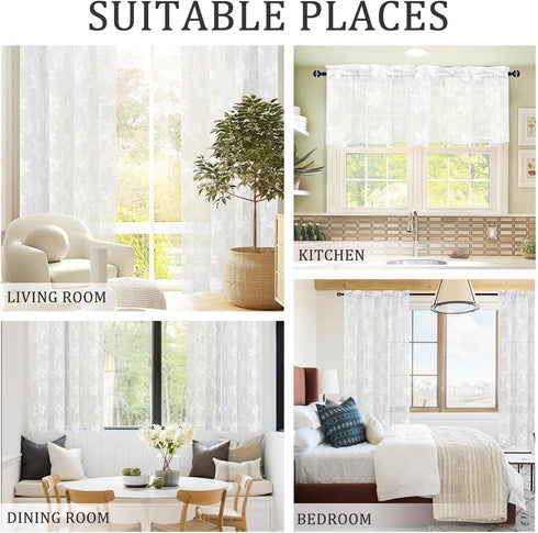DWCN 2 Pack White Floral Lace Valances for Kitchen, Rod Pocket Half Window Sheer Curtains, 42 x 18 inch
