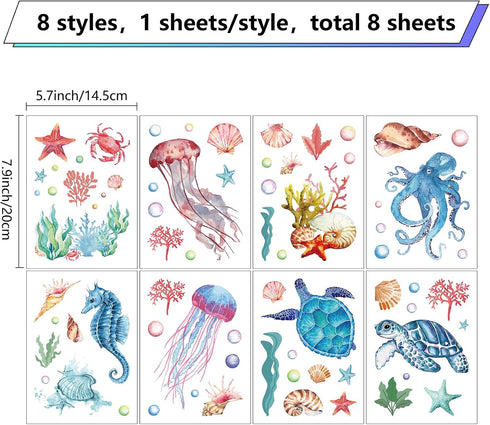 CRASPIRE 8 Sheets Sea Life Window Decals Stickers Ocean Turtle Jellyfish Seahorse Starfish Coral Shell Summer Wall Clings Sticker PVC Self-Adhesive Peel and Stick for Bathroom Home Bedroom Bathroom by CRASPIRE