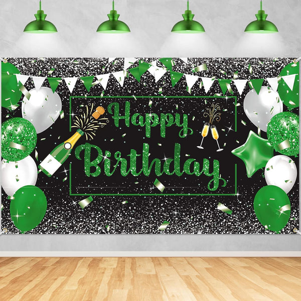 Green Silver Black Happy Birthday Banner Decorations, Champagne Glass Balloons Photo Booth Background for Party Supplies