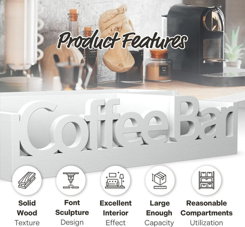 Countertop Coffee Bar Organizer for Wooden Coffee Station Caddy with Compartments for Pods, Condiments, Tea