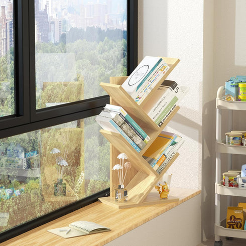 5 SHEEPAM Tier Tree Book Shelf, Small Desktop Bookshelf with Storage Organizer, Wood Bookcase, Desk Display