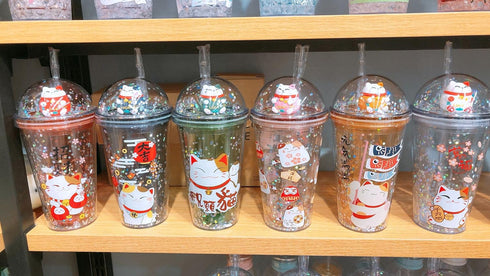 Lucky Cat Travel Mug with Straw, Blue Drinking Cup with Strap for Picnic Party Birthday (Lucky Cat Green, 430 ml)
