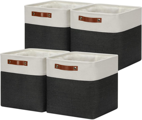 DULLEMELO Set Of 4 Cube Storage Bins - Fabric Storage Basket for Shelves, Closet, Nursery Toy Storage (12" White &