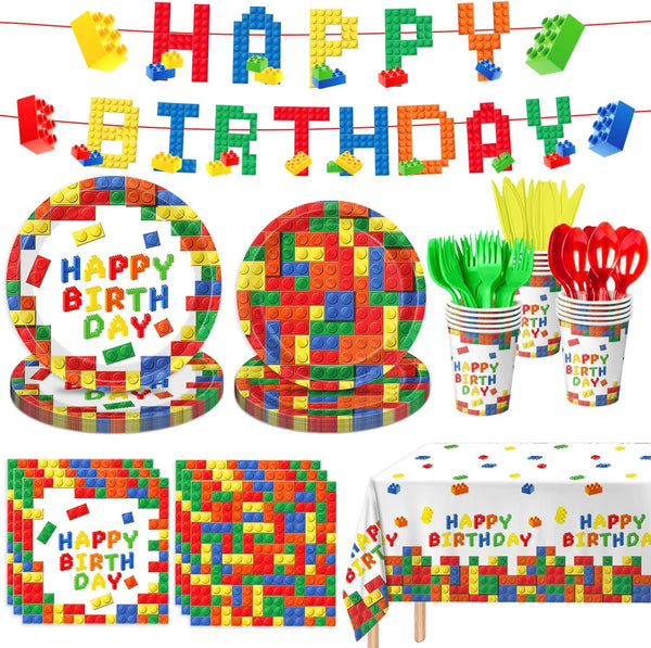 LINHAXM 177 Pcs Building Block Birthday Party Supplies, Colorful Plates, Napkins, Cups,