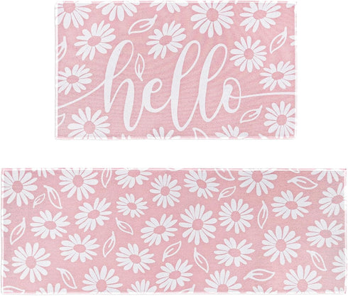 Spring Kitchen Rugs Set of 2, Pink White Daisy Flower Door Mat Non Slip Floor Rugs for Home Kitchen Room Decor