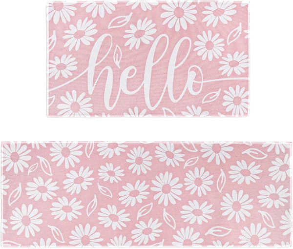 Spring Kitchen Rugs Set of 2, Pink White Daisy Flower Door Mat Non Slip Floor Rugs for Home Kitchen Room Decor