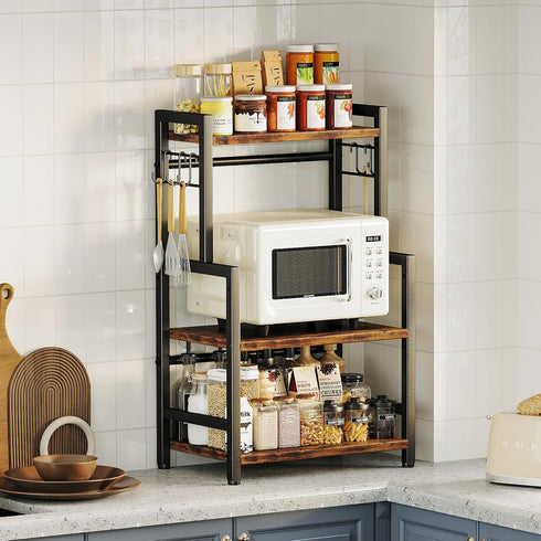 Kitchen Countertop Organizer, 3 Tier Large Spice Rack with Adjustable Shelf and 5 Hooks, Wooden Counter Organizer
