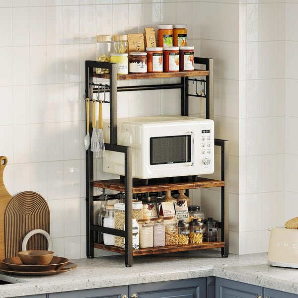 Kitchen Countertop Organizer, 3 Tier Large Spice Rack with Adjustable Shelf and 5 Hooks, Wooden Counter Organizer
