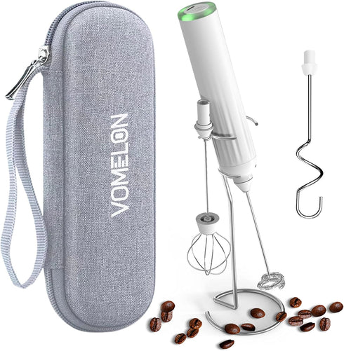 Milk Frother Handheld with 3 Stainless Steel Whisks, Rechargeable Electric Drink Mixer with Stand, White
