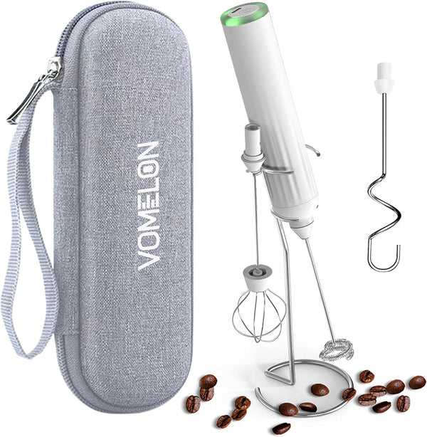 Milk Frother Handheld with 3 Stainless Steel Whisks, Rechargeable Electric Drink Mixer with Stand, White