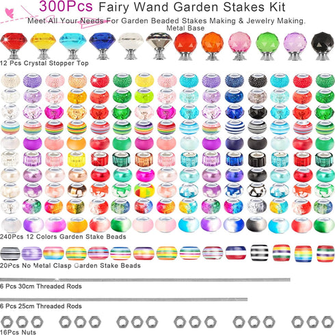 300 12 Pcs Garden Stakes Diy Fairy Wand Garden Stakes Kit, Colorful Large Hole Bead Crystal Diamond Stopper Top