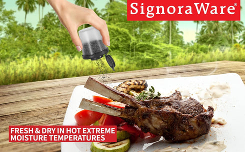 SIGNORAWARE Salt and Pepper Shakers Moisture Proof Set of 2 Medium Salt Shaker to go Camping Picnic Outdoors Kitchen Lunch Boxes Travel Spice Set Clear with Black Lids Plastic Airtight Dispenser