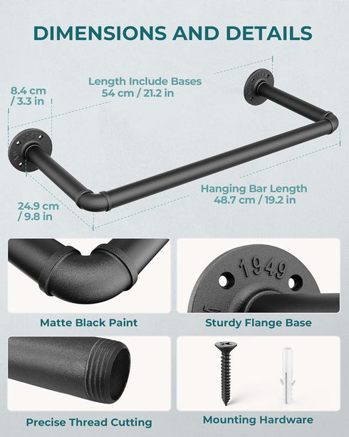 OROPY Industrial Pipe Clothes Rack, Set of 2 Heavy Duty Wall Mounted Black Iron Garment Bar