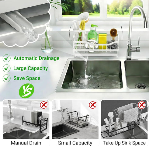 Countertop Sponge Holder for Kitchen Sink, Rustproof Sink Caddy Organizer with Dish Brush Holder, Self-Draining Kitchen