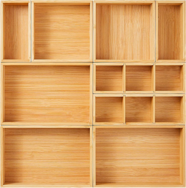 Fabsome Drawer Organizer, Set of 9 Bamboo Wood Storage Boxes for Kitchen, Makeup, Bathroom, Office