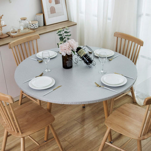 NLMUVW Round Vinyl Tablecloth with Elastic Edge - Light Grey Fitted PVC Table Cloth, Waterproof Wipe Clean Cover for
