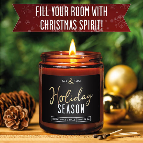 Holiday Candles, Christmas Scented Soy Candle, ‘Holiday Season’ with Apple, Cinnamon & Clove, 9oz