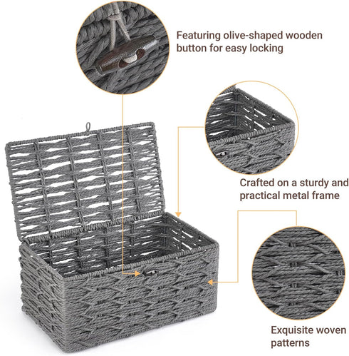 Mkono Storage Baskets Bin with Lid, Decorative Handwoven Organizer for Shelves, Set of 2, Grey