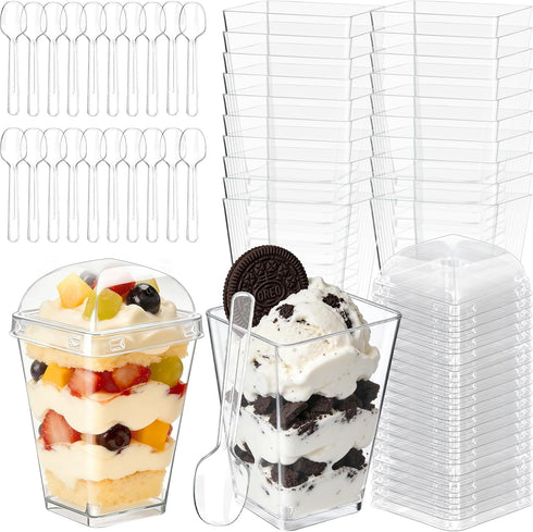 DOUDOULE 50 Pack 5oz Plastic Dessert Cups with Lids and Spoons, Mini Clear