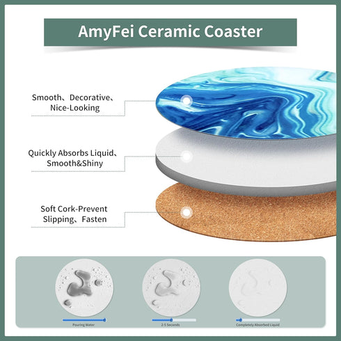 6 Sets set Cups(4 Inches) Ceramic Marble Coasters, of Round Tea Coasters with Holder on Dark Blue White, Durable Cup
