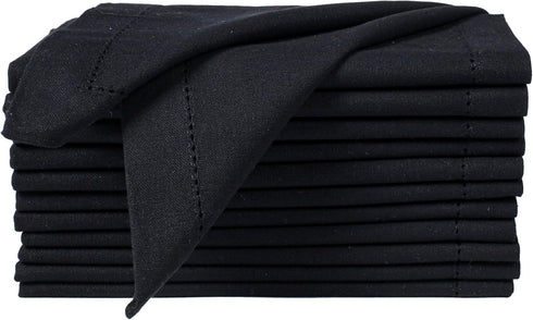 Cloth Napkins Set of 12, Cotton Dinner Napkins, Hemstitched Wedding Napkins, Machine Washable 18x18 Jet Black