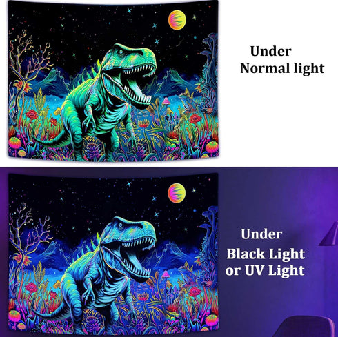 Blacklight Dinosaur Tapestry, Neon Funny Dino Frog Mountain Art UV Reactive Tapestries for Bedroom Boys Kids Decor