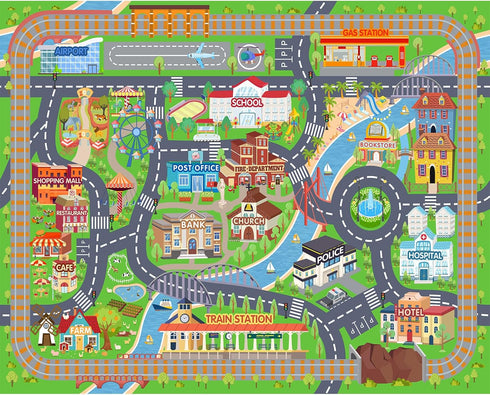 3'x4'/ 36"x48" Car Rug Play Mat for Kids Toy Cars, Road Traffic Playmat for Kid Bedroom, Non-Slip Machine Washable Town