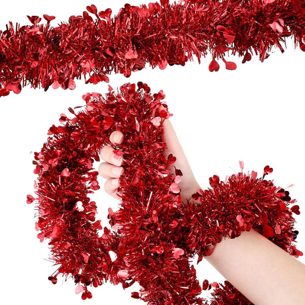 Boao 66 Feet Red Heart Tinsel Garland Decoration, Shiny Metallic Ornaments for Valentine's Day Wedding