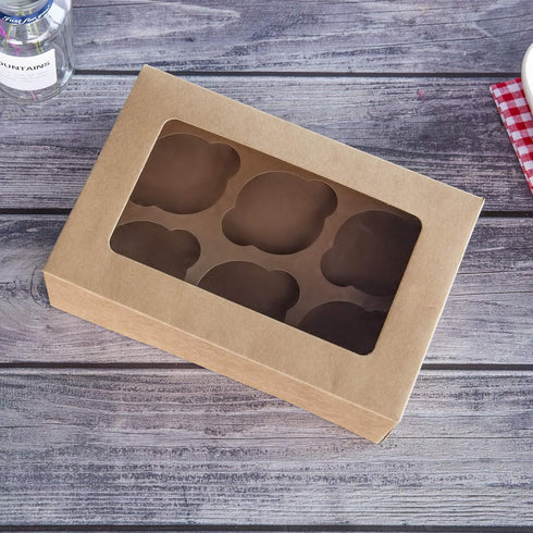 ONE MORE Cupcake Boxes with Inserts, 6 Holders, 9.5x6.3x3inch Large Brown Kraft Bakery Boxes with Window, Pack of 15