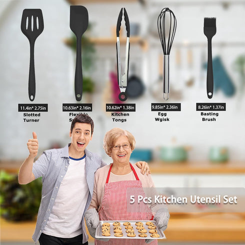 5 Pcs Silicone Kitchen Utensils Set with Holder, Heat Resistant Gadgets Tools for Nonstick Cookware, Dishwasher Safe