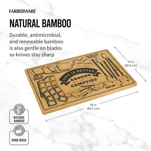Farberware Bamboo Campfire Cutting Board, 12x18 Inch, Reversible Kitchen Board with Recessed Handles for Meal Prep