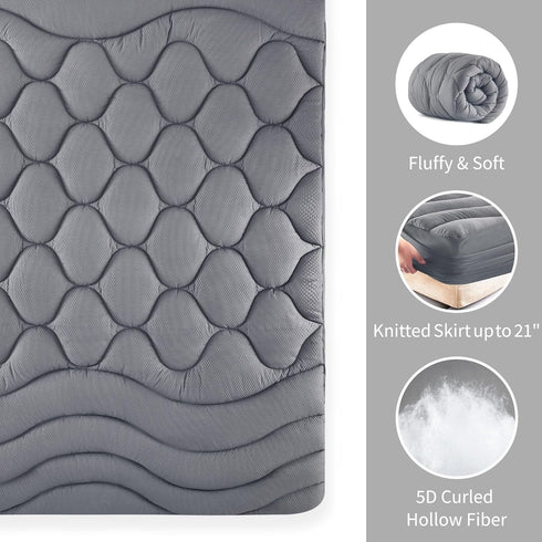 Soft Cooling Quilted Mattress Pad, Fitted Protector with Down Alternative Fill, Deep Pocket, Machine Washable (Grey,