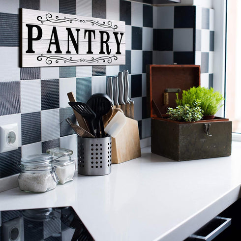 Pantry Sign Wall Decor - Rustic Retro Wooden Art Printed Decor for Home Room Holiday Decoration, 16 x 6 Inches (White)