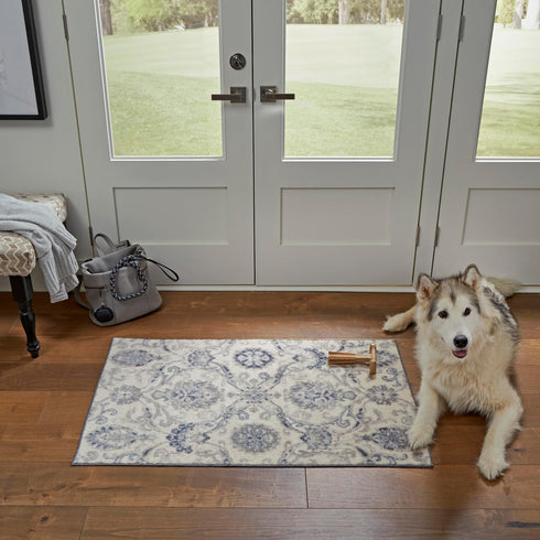 Maples Rugs Blooming Damask Area Rugs, Washable Non Slip Indoor Carpet for Entryway, 1'8 x 2'10, Grey/Blue