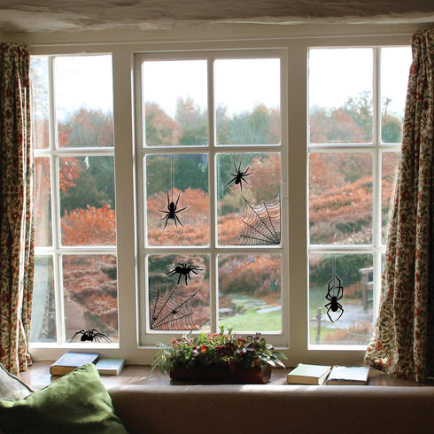 Beistle 4 Sheets (44 Pieces) Spider & Web Window Clings, Realistic Halloween Decorations for Spooking Up Your Home