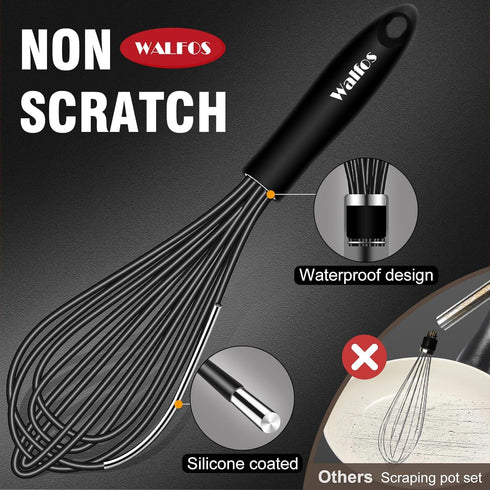 Walfos Silicone Whisk, 7+9in Small Silicone Whisk,BPA FREE,Mini Whisks for Non-Scratch Cookware, Perfect for Whisking, Beating, Blending, Frothing, Black. (2pcs) by Walfos