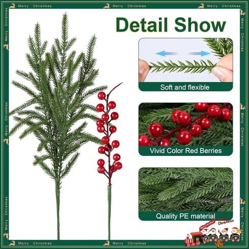 florisso Vases,12 3 Artificial Faux Christmas Norfolk Pine Stems Branches for Bundles Fake Evergreen Real Touch