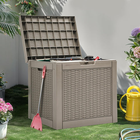 32 YITAHOME Gallon Deck Box, Resin Storage with Lockable Lid & Side Handles, Indoor Outdoor Small Container for Patio