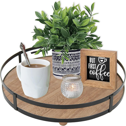 Defined Deco 12in Decorative Tray-Round Serving Tray with Metal Handle-Decorative Trays for