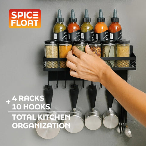 4 1 (3.94" 12.2" 3.15") Houseify SPICE FLOAT Magnetic Spice Organizer Racks - Premium Metal Racks + Hanging Hook Bar