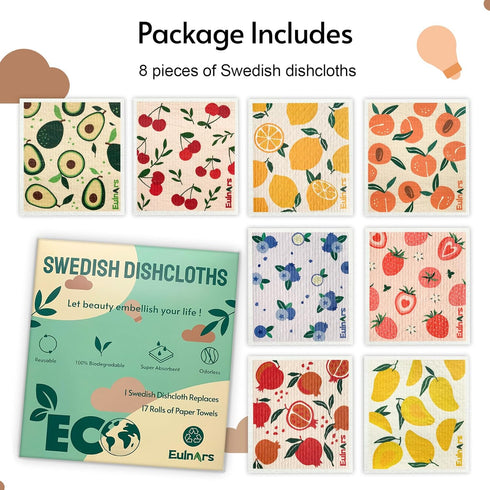 8 Pack Eulnars Swedish Dishcloths for Kitchen, Fruit Swedish Dishcloths, Reusable Paper Towels Washable, Biodegradable