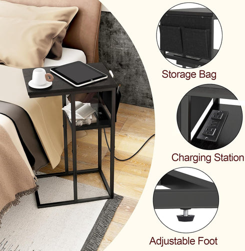 Livofloral C Shaped End Table with Charging Station, Small Side Tables for Couch with Storage Bag, Couch Side Tables